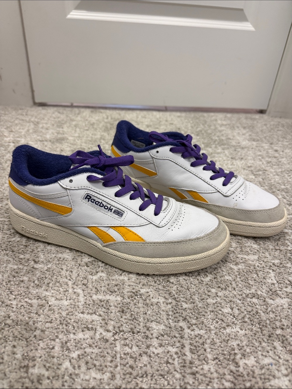 Reebok Kids White Sneakers with Yellow Stripes and Purple Laces